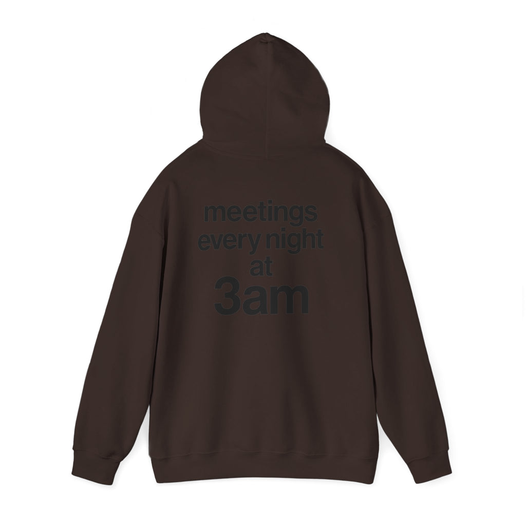 Meetings Every Night Hoodie with front and back print | Multiple Colors