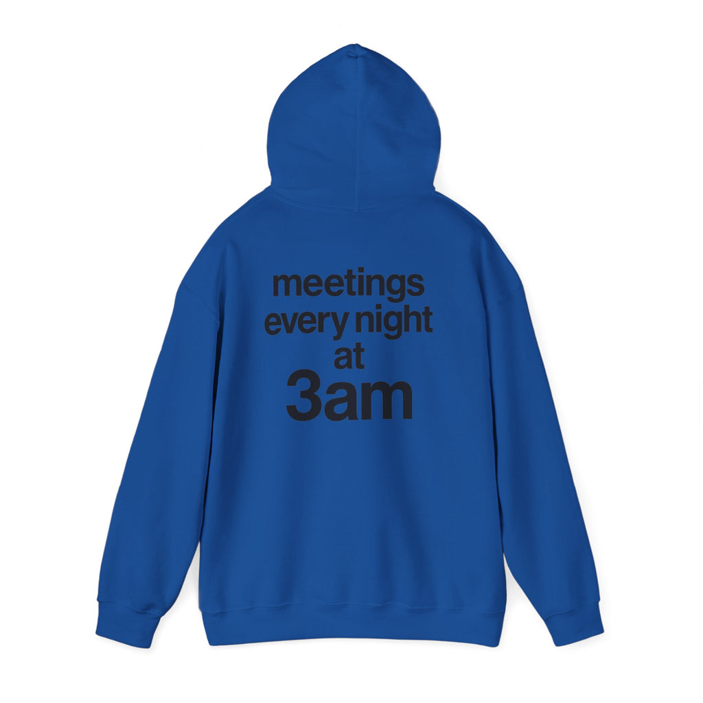 Meetings Every Night Hoodie with front and back print | Multiple Colors